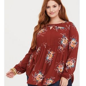Torrid Rust Floral Print Gauze Keyhole Tunic